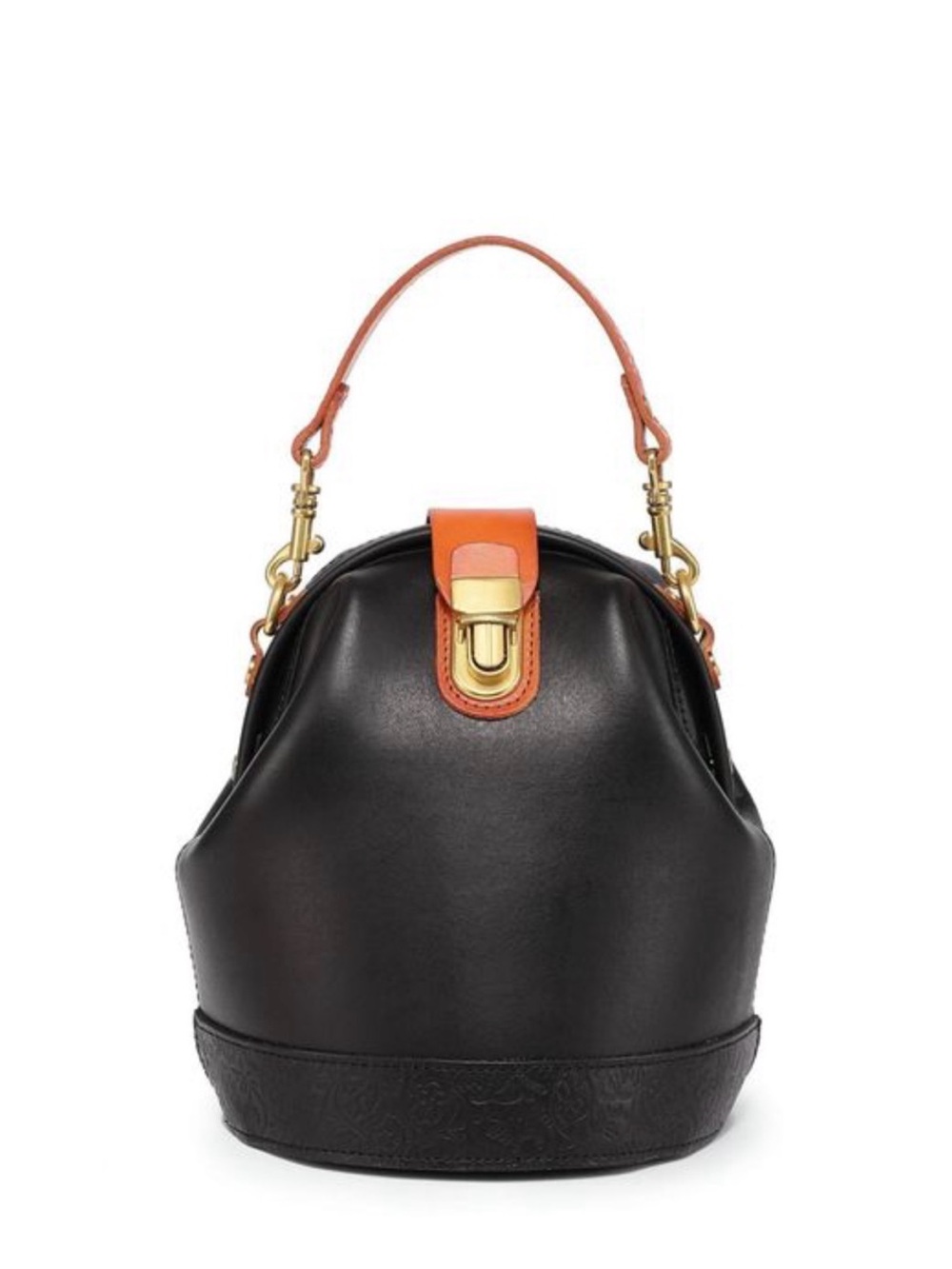 Structured Black Leather Top-Handle Bag with Orange Accent